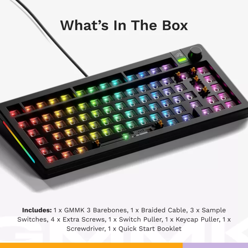 Glorious Gaming GMMK 3 75% Barebones Wired Juoda - ISO, 75%, Laidinis, USB, RGB LED, Juoda