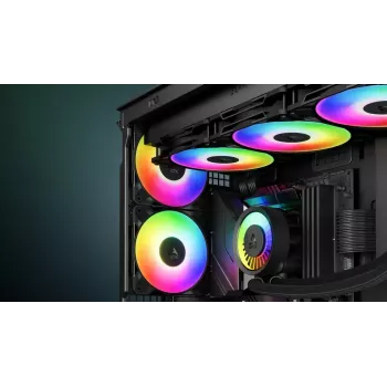 120 mm PWM A‑RGB korpuso ventiliatoriai 3 vnt., Arctic Freezer P12 Pro A‑RGB — 131 m³/h, skysčio dinaminis guolis, juodos/baltos spalvos