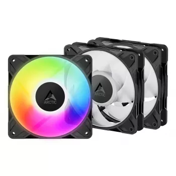 120 mm PWM A‑RGB korpuso ventiliatoriai 3 vnt., Arctic Freezer P12 Pro A‑RGB — 131 m³/h, skysčio dinaminis guolis, juodos/baltos spalvos