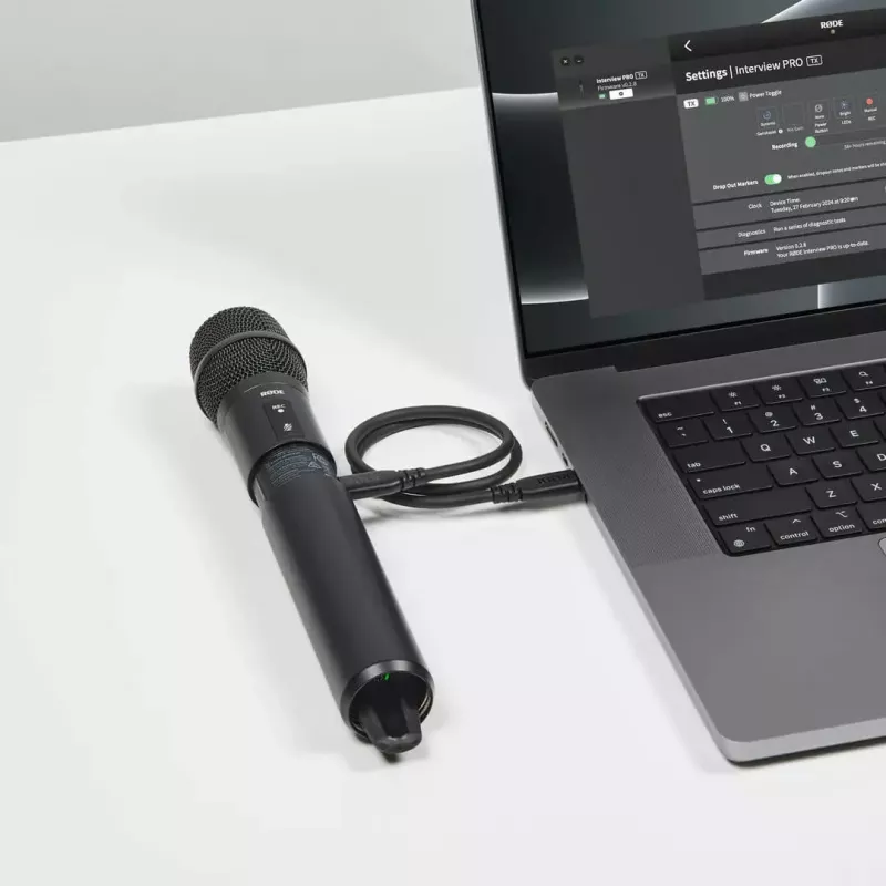 Rankinis kondensatorinis mikrofonas RØDE Interview Pro — visakryptis, 48 kHz/32 bitų, 32 GB, belaidis, iki 200 m, juodas