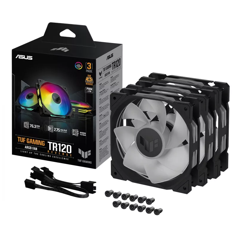Ventiliatorius ASUS TUF Gaming TR120 ARGB Reverse Triple Pack — 3×120 mm, 2200 RPM, PWM, 2,75 mmH2O, 16 šviesos diodų, juodas