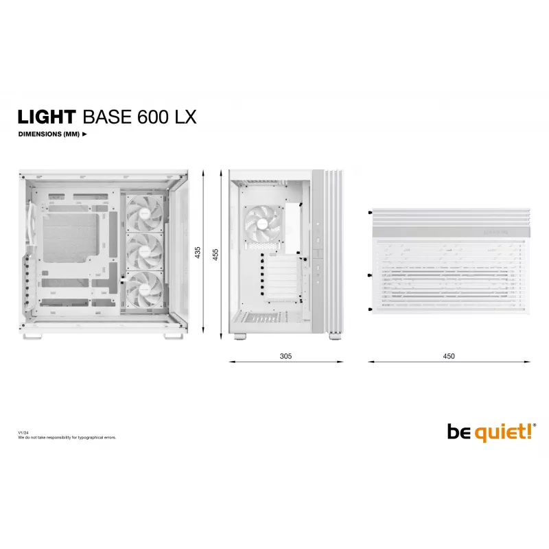 PC korpusas be quiet! LIGHT BASE 600 LX White Midi Tower — ATX, šoninis langas, ARGB priekis, USB-C, palaiko 360 mm radiatorių