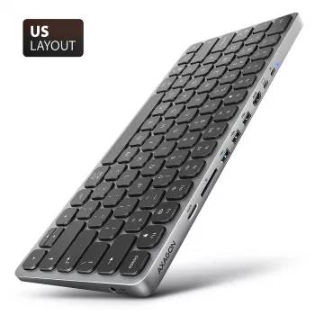 Axagon HMC-KB-US, USB 5Gbps centrinė stotelė su klaviatūra, HDMI 4K/60Hz, 3x USB-A, SD/mSD, garsas, PD 100, JAV išdėstymas