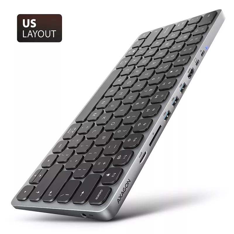 Axagon HMC-KB-US, USB 5Gbps centrinė stotelė su klaviatūra, HDMI 4K/60Hz, 3x USB-A, SD/mSD, garsas, PD 100, JAV išdėstymas