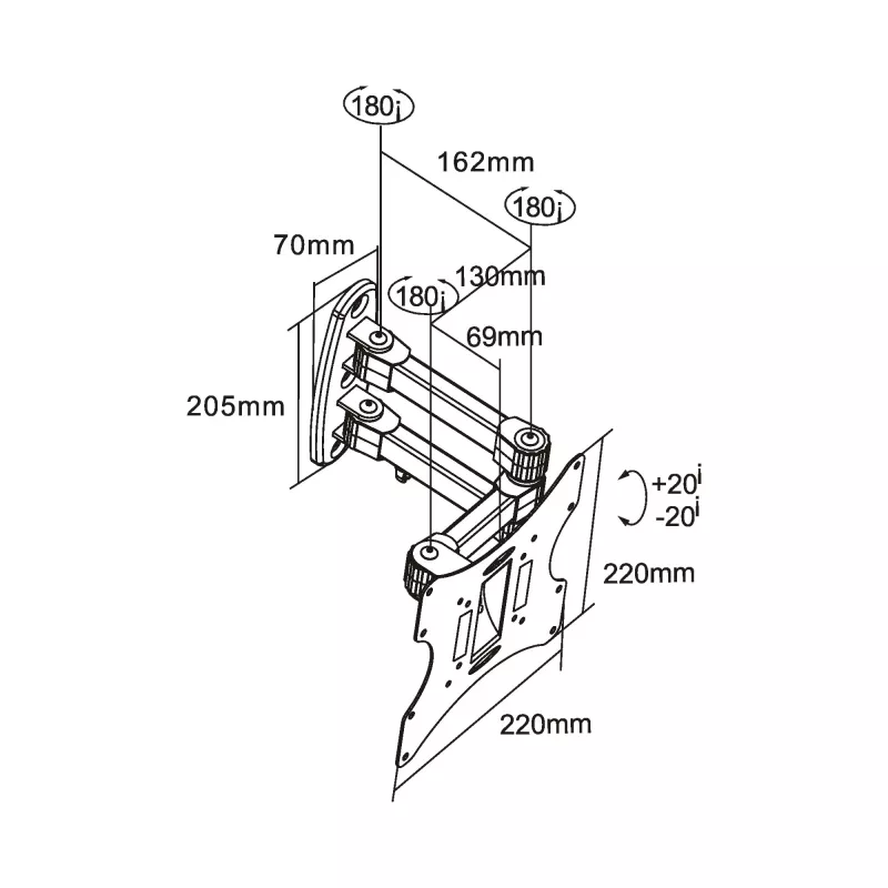 InLine sieninis laikiklis TFT/LED/Plazminiams ekranams 58–107 cm (23–42 coliai) pakreipiamas/pasukamas, VESA 100x100–200x200, maks. 30 kg, juodas
