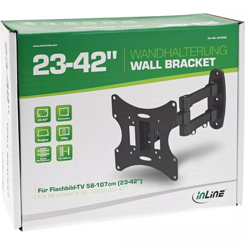InLine sieninis laikiklis TFT/LED/Plazminiams ekranams 58–107 cm (23–42 coliai) pakreipiamas/pasukamas, VESA 100x100–200x200, maks. 30 kg, juodas