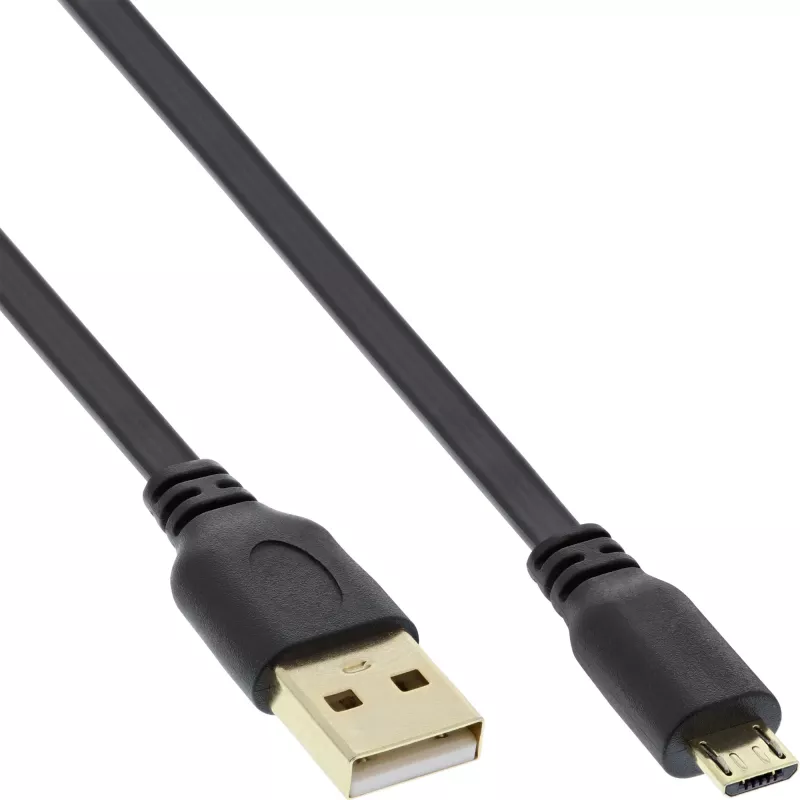 InLine Micro USB 2.0 plokščias laidas USB A / Micro-B, juodas / auksinis, 3 m