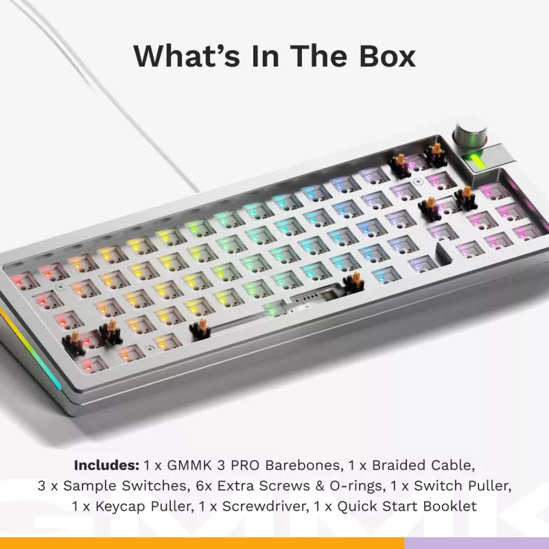Mechaninė klaviatūra GLORIOUS GMMK 3 PRO 65% Barebones laidinė sidabrinė — 65% USB RGB, 2 m laidas