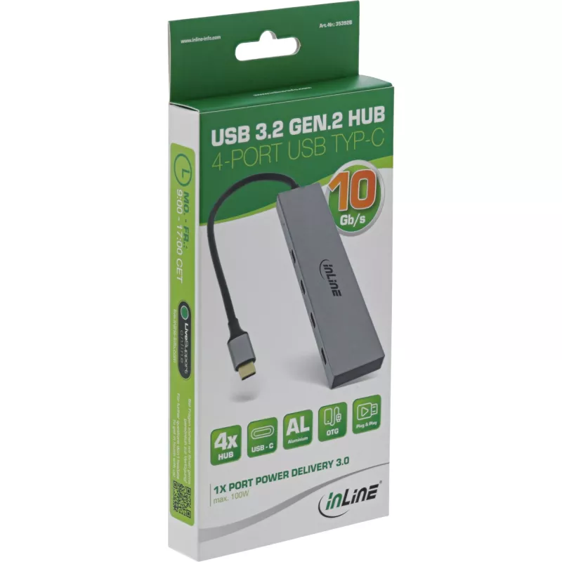 InLine USB 3.2 Gen.2 šakotuvas (10 Gb/s), 4 prievadų USB-C, OTG, aliuminis korpusas