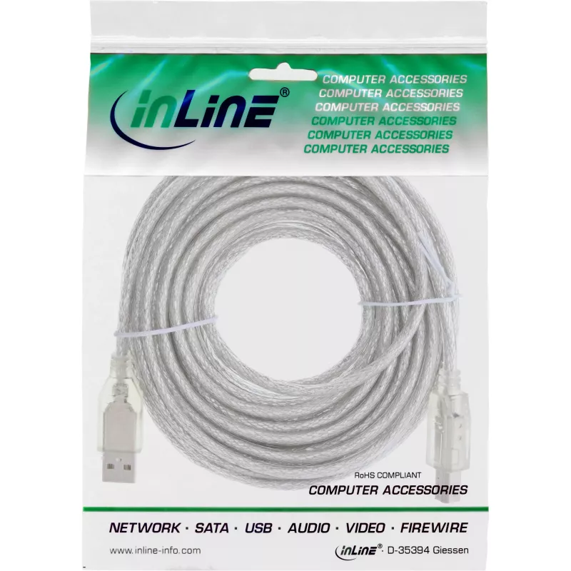 InLine USB 2.0 laidas Type A kištukas / B kištukas, permatomas, 10m