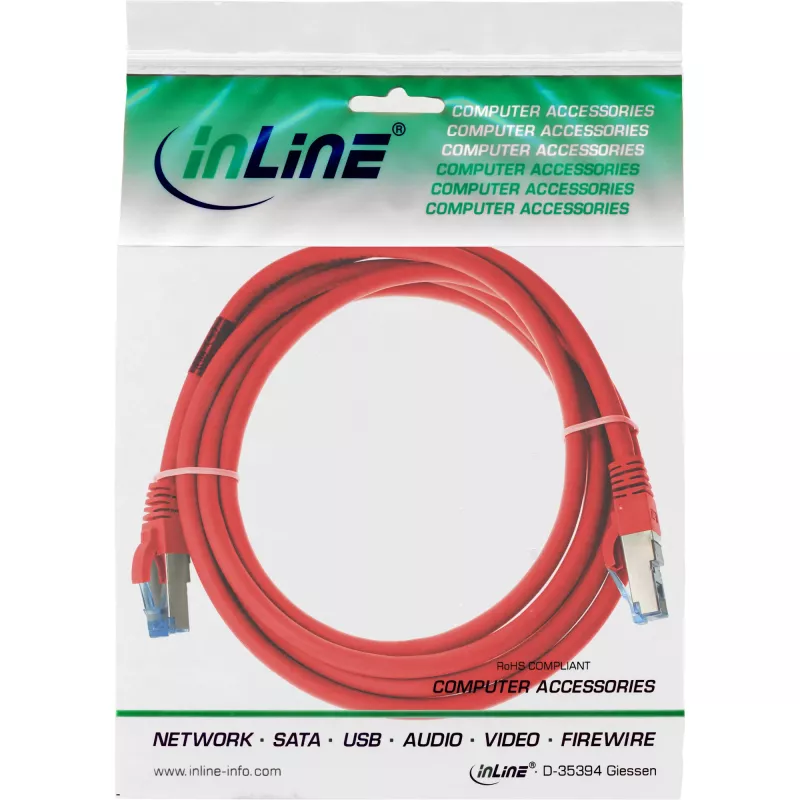 InLine komutacinis kabelis S/FTP PiMF Cat.6A be halogenų 500MHz raudonas 3m