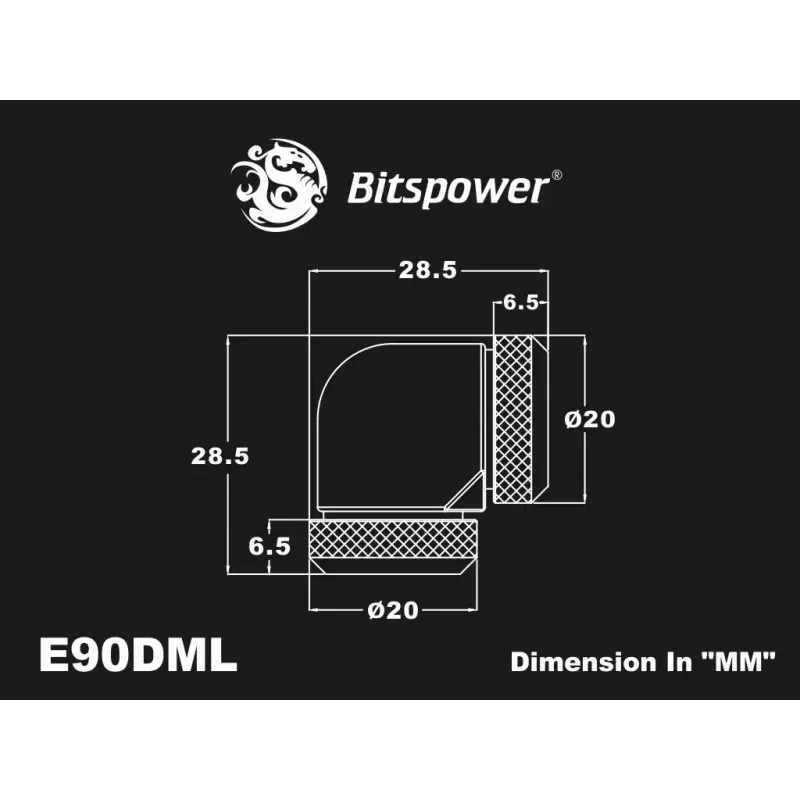 Suspaudimo alkūnė BitsPower Carbon Juoda BP-CBE90DML — žalvarinė 90° jungtis, juodos anglies apdaila, 1 vnt.