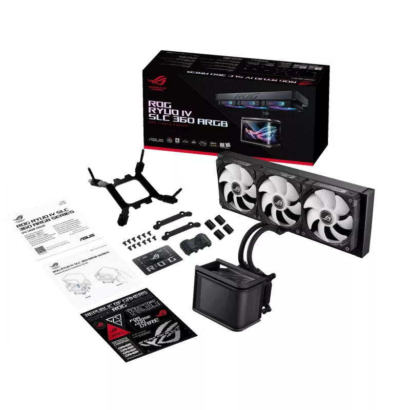 Skysčio aušinimo sistema ASUS ROG Ryuo IV SLC 360 ARGB — 120 mm ventiliatoriai, 360 mm radiatorius, juoda