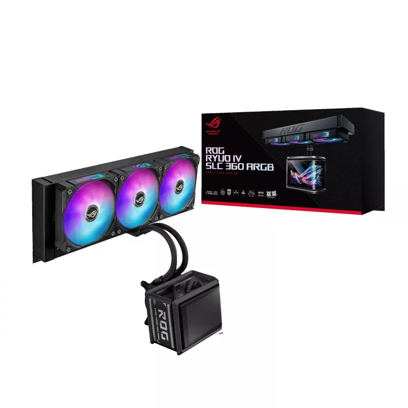 Skysčio aušinimo sistema ASUS ROG Ryuo IV SLC 360 ARGB — 120 mm ventiliatoriai, 360 mm radiatorius, juoda