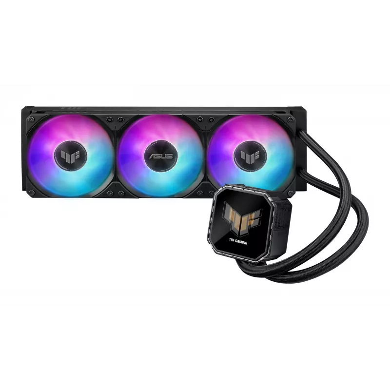 All-in-one liquid cooler ASUS TUF Gaming LC III 360 ARGB LCD — 360 mm radiatorius, 3x 120 mm ventiliatoriai, Socket AM5/AM4/LGA1700/LGA1200, Juoda