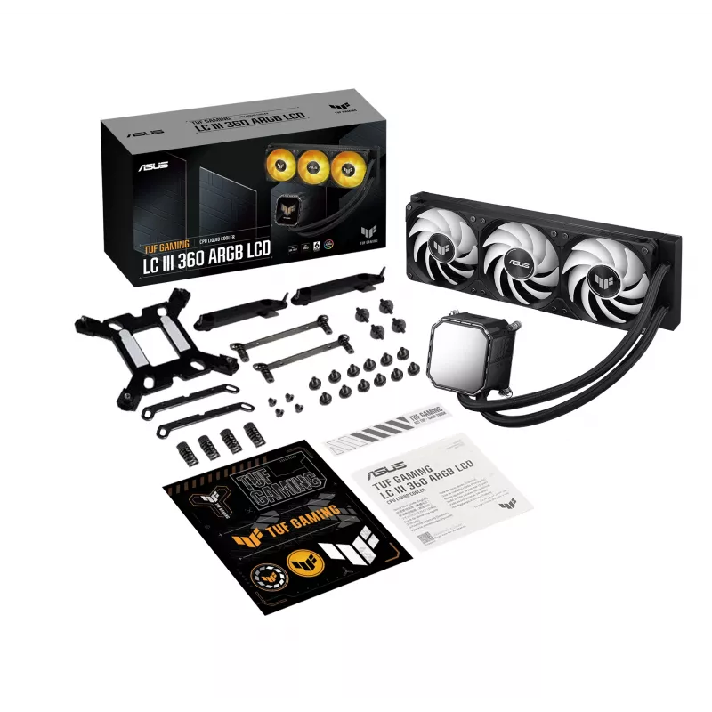 All-in-one liquid cooler ASUS TUF Gaming LC III 360 ARGB LCD — 360 mm radiatorius, 3x 120 mm ventiliatoriai, Socket AM5/AM4/LGA1700/LGA1200, Juoda
