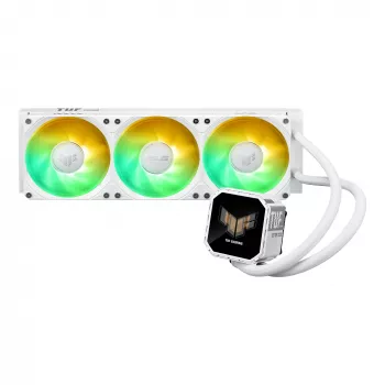 „viskas viename“ skysčio aušintuvas ASUS TUF Gaming LC III 360 ARGB LCD White Edition — 360 mm radiatorius, 3×120 mm PWM ventiliatoriai, LCD ekranas, balta