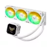 „viskas viename“ skysčio aušintuvas ASUS TUF Gaming LC III 360 ARGB LCD White Edition — 360 mm radiatorius, 3×120 mm PWM ventiliatoriai, LCD ekranas, balta