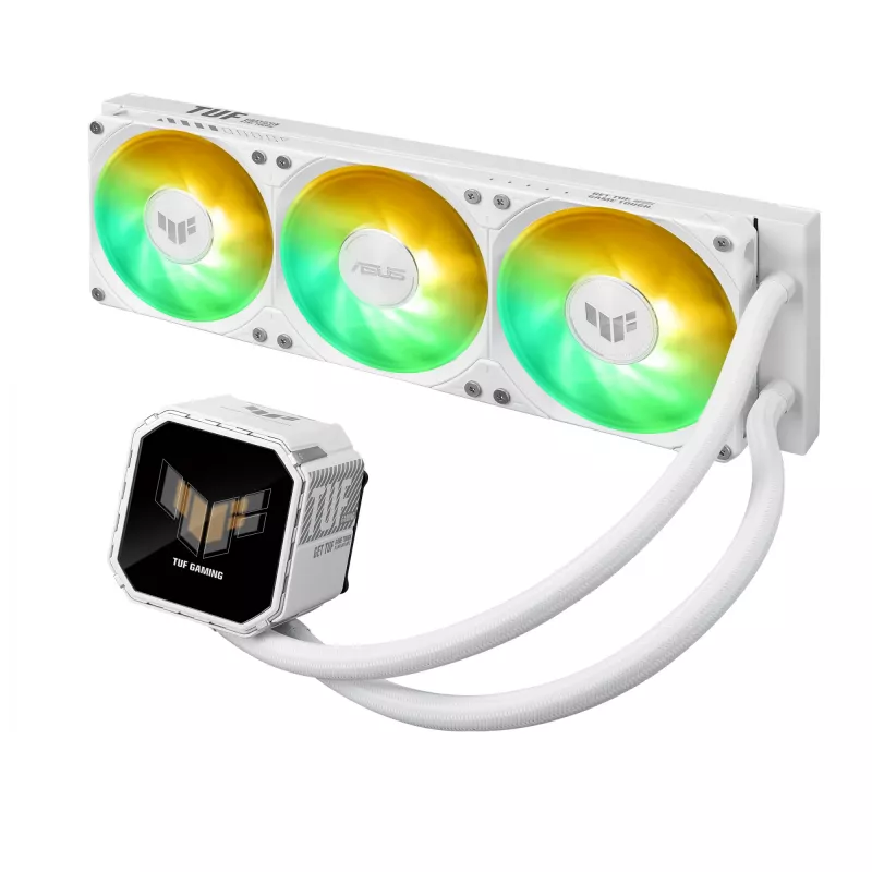 „viskas viename“ skysčio aušintuvas ASUS TUF Gaming LC III 360 ARGB LCD White Edition — 360 mm radiatorius, 3×120 mm PWM ventiliatoriai, LCD ekranas, balta