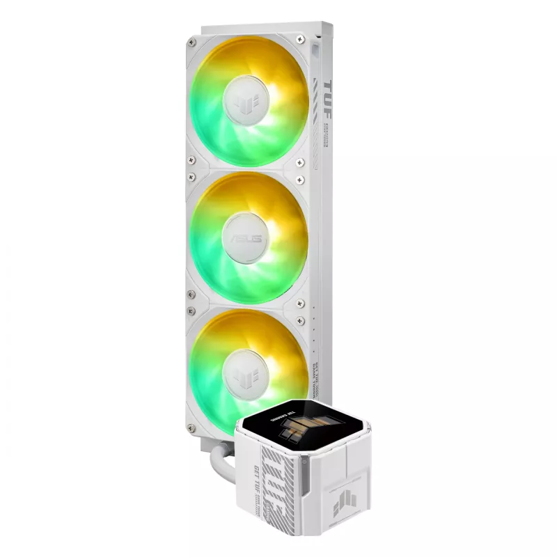 „viskas viename“ skysčio aušintuvas ASUS TUF Gaming LC III 360 ARGB LCD White Edition — 360 mm radiatorius, 3×120 mm PWM ventiliatoriai, LCD ekranas, balta