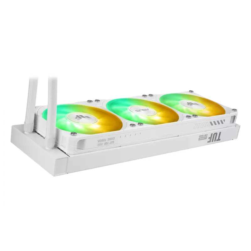 „viskas viename“ skysčio aušintuvas ASUS TUF Gaming LC III 360 ARGB LCD White Edition — 360 mm radiatorius, 3×120 mm PWM ventiliatoriai, LCD ekranas, balta