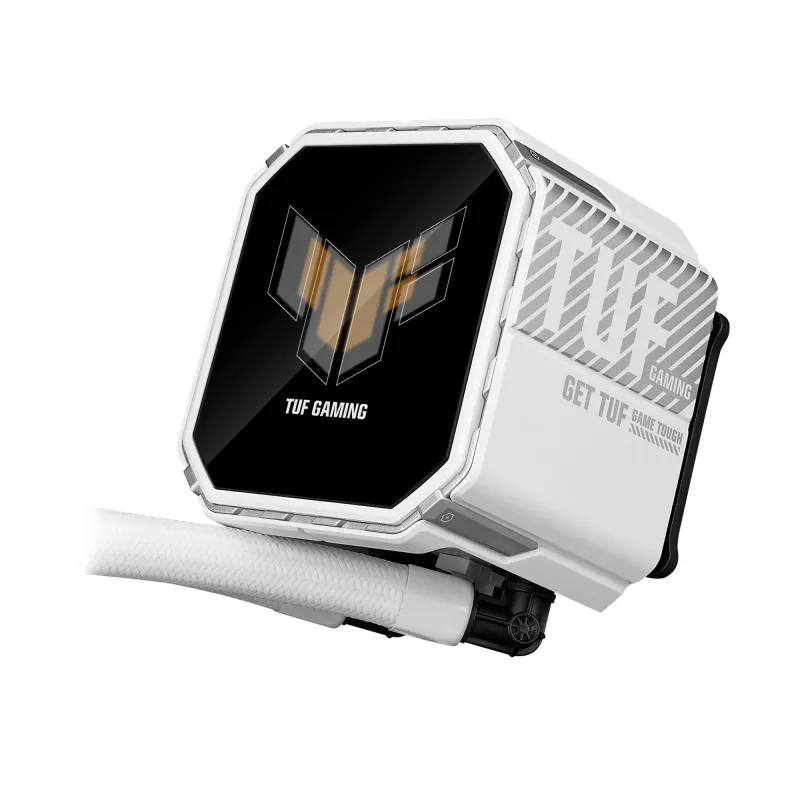 „viskas viename“ skysčio aušintuvas ASUS TUF Gaming LC III 360 ARGB LCD White Edition — 360 mm radiatorius, 3×120 mm PWM ventiliatoriai, LCD ekranas, balta
