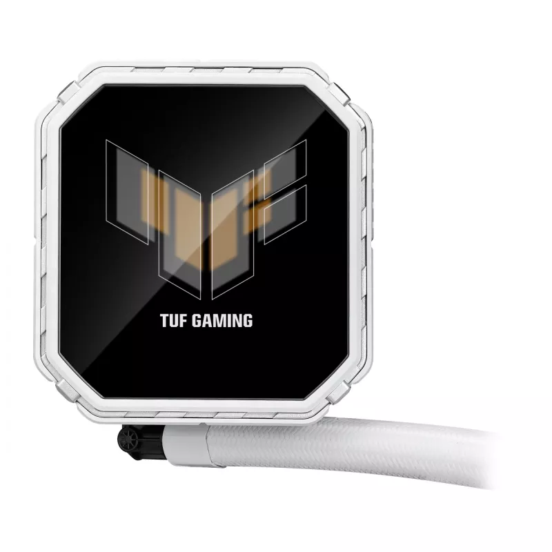 „viskas viename“ skysčio aušintuvas ASUS TUF Gaming LC III 360 ARGB LCD White Edition — 360 mm radiatorius, 3×120 mm PWM ventiliatoriai, LCD ekranas, balta