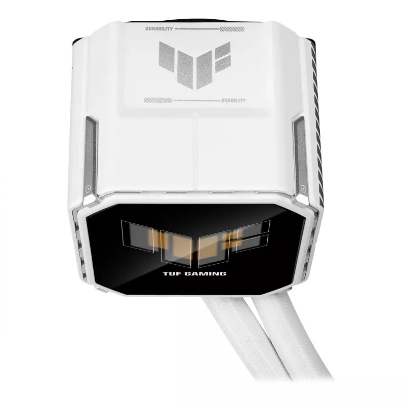 „viskas viename“ skysčio aušintuvas ASUS TUF Gaming LC III 360 ARGB LCD White Edition — 360 mm radiatorius, 3×120 mm PWM ventiliatoriai, LCD ekranas, balta