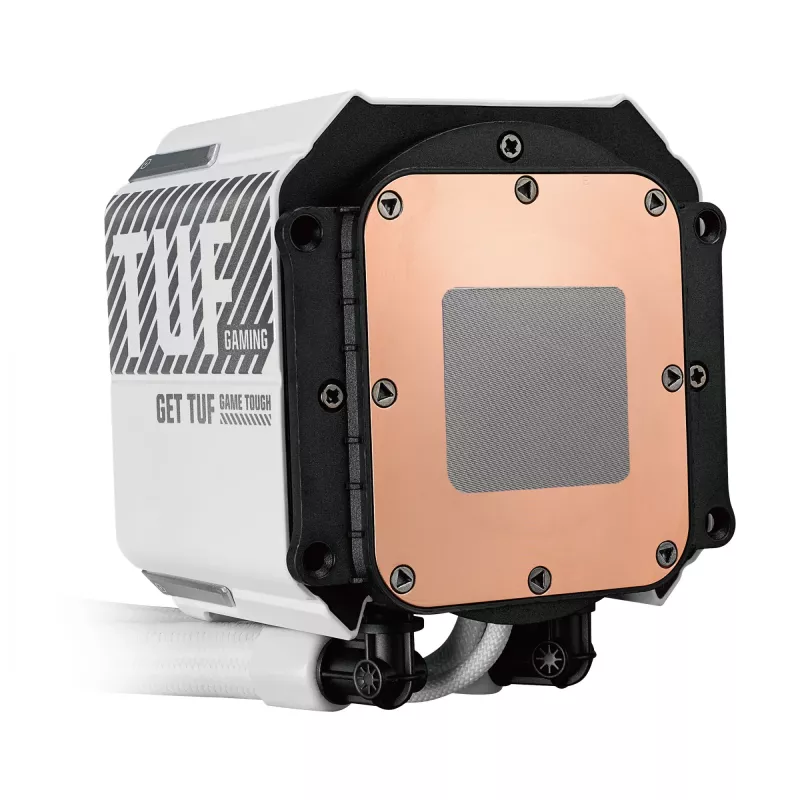 „viskas viename“ skysčio aušintuvas ASUS TUF Gaming LC III 360 ARGB LCD White Edition — 360 mm radiatorius, 3×120 mm PWM ventiliatoriai, LCD ekranas, balta