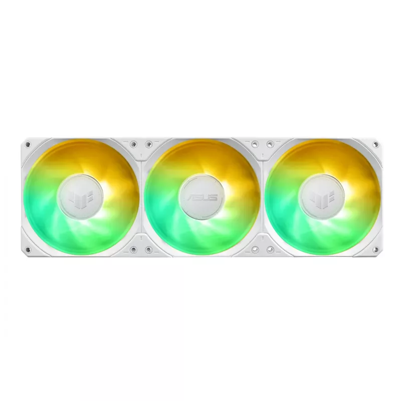 „viskas viename“ skysčio aušintuvas ASUS TUF Gaming LC III 360 ARGB LCD White Edition — 360 mm radiatorius, 3×120 mm PWM ventiliatoriai, LCD ekranas, balta