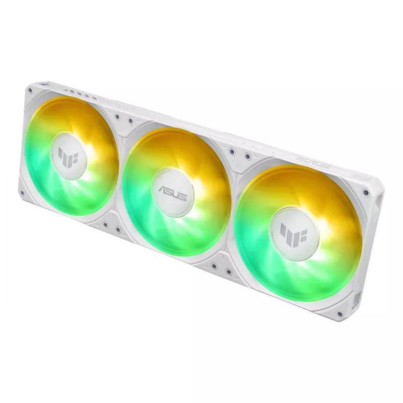 „viskas viename“ skysčio aušintuvas ASUS TUF Gaming LC III 360 ARGB LCD White Edition — 360 mm radiatorius, 3×120 mm PWM ventiliatoriai, LCD ekranas, balta