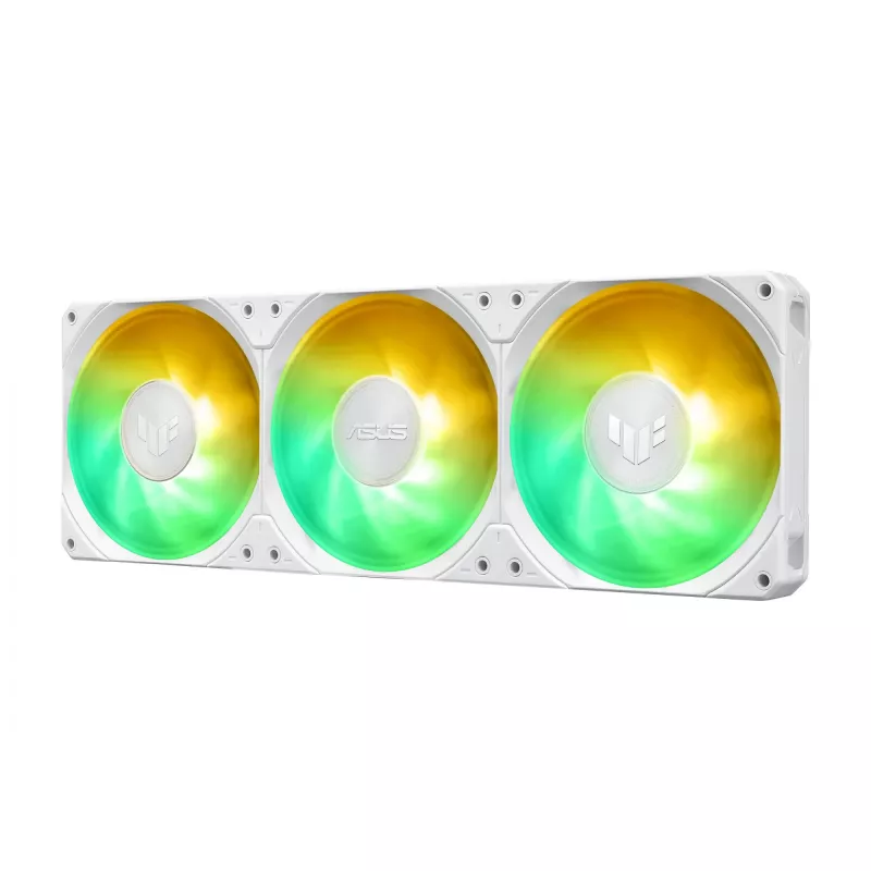 „viskas viename“ skysčio aušintuvas ASUS TUF Gaming LC III 360 ARGB LCD White Edition — 360 mm radiatorius, 3×120 mm PWM ventiliatoriai, LCD ekranas, balta
