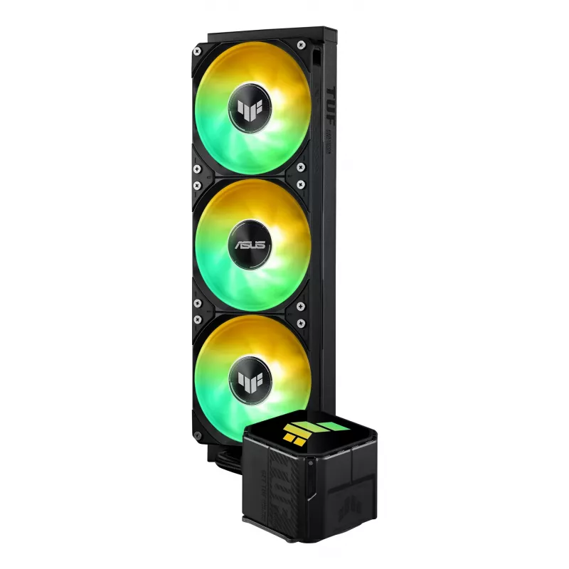 Viską viename skystas aušintuvas ASUS TUF GAMING LC III 360 ARGB — 120 mm ventiliatoriai, palaiko AM4/LGA1200/LGA1700/AM5, juoda