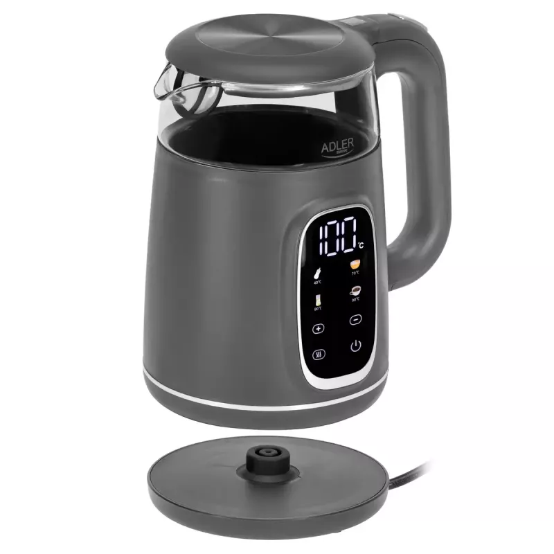 Elektrinis virdulys Adler AD 1305 G — 1,7 l, 2200 W, reguliuojamas termostatas, LED ekranas, pilkas