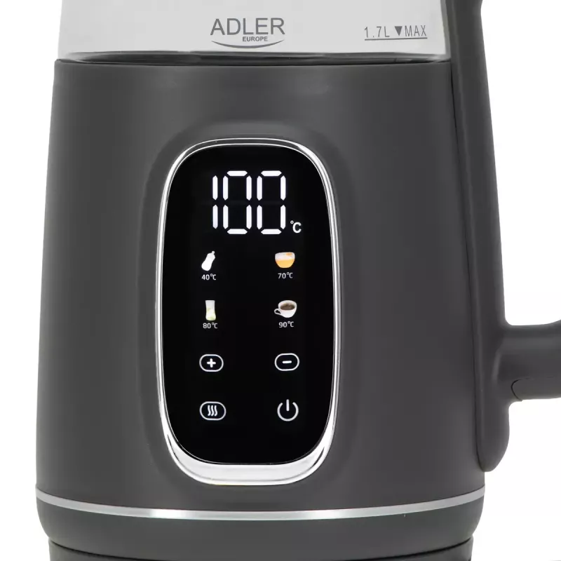 Elektrinis virdulys Adler AD 1305 G — 1,7 l, 2200 W, reguliuojamas termostatas, LED ekranas, pilkas