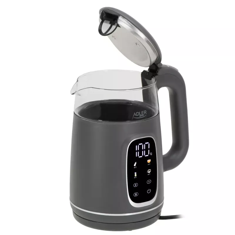Elektrinis virdulys Adler AD 1305 G — 1,7 l, 2200 W, reguliuojamas termostatas, LED ekranas, pilkas