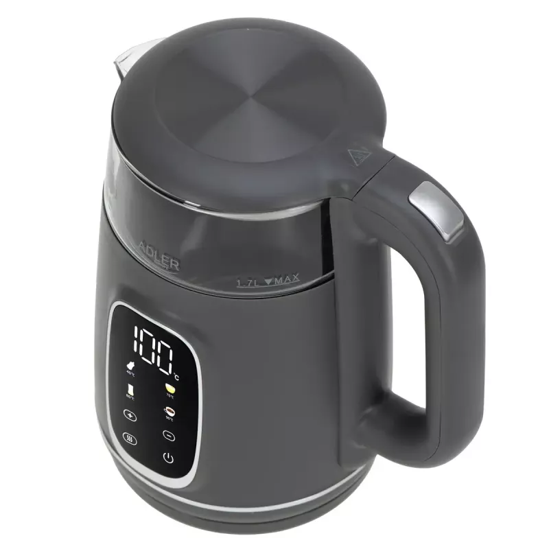 Elektrinis virdulys Adler AD 1305 G — 1,7 l, 2200 W, reguliuojamas termostatas, LED ekranas, pilkas