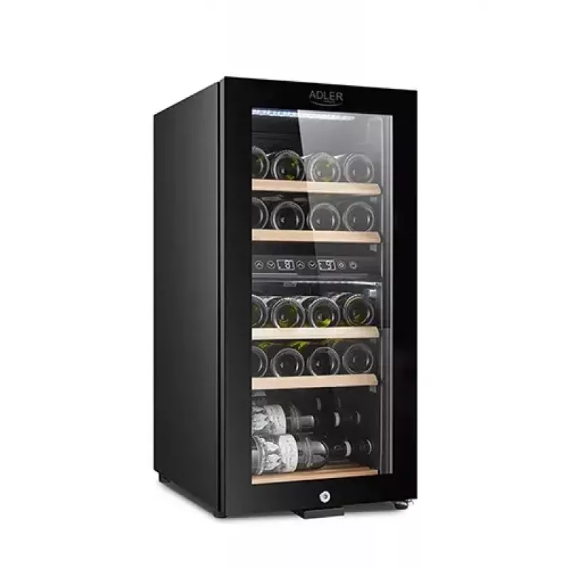 Termoelektrinis vyno aušintuvas Adler AD 8080, laisvai pastatomas juodas, 24 buteliai, 2 zonos, 60 l, lietiminis valdymas