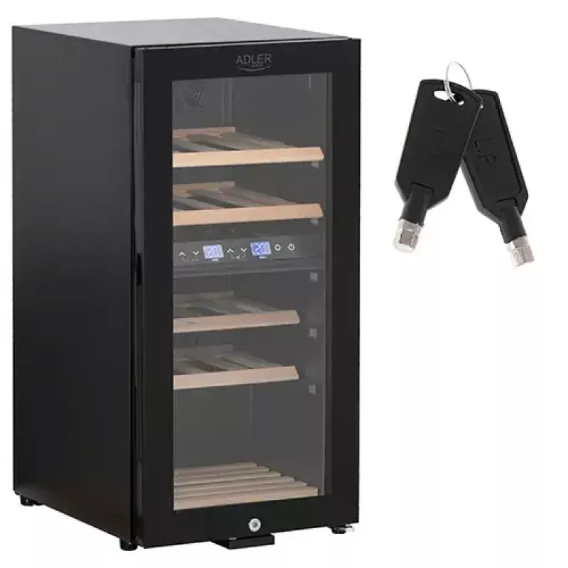 Termoelektrinis vyno aušintuvas Adler AD 8080, laisvai pastatomas juodas, 24 buteliai, 2 zonos, 60 l, lietiminis valdymas