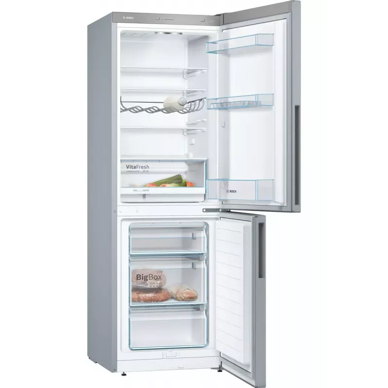 Šaldytuvas-šaldiklis Bosch Serie 4 KGV33VLEA — laisvai pastatomas nerūdijančio plieno, 289 L bendra talpa (195 L šaldytuvo / 94 L šaldiklio), E klasė, 176 cm