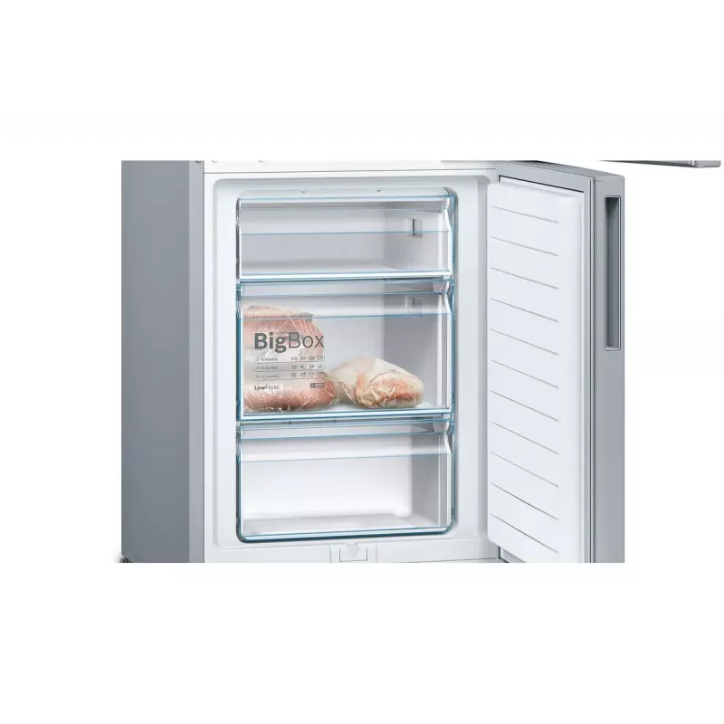 Šaldytuvas-šaldiklis Bosch Serie 4 KGV33VLEA — laisvai pastatomas nerūdijančio plieno, 289 L bendra talpa (195 L šaldytuvo / 94 L šaldiklio), E klasė, 176 cm