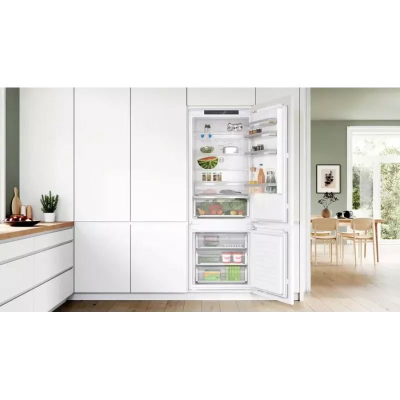 Įmontuojamas šaldytuvas-šaldiklis Bosch Serie 4 KBN96VFE0, bendra 383 L talpa, šaldytuvo 285 L / šaldiklio 98 L, apačioje esantis šaldiklis, keičiamų pusių durelės, balta