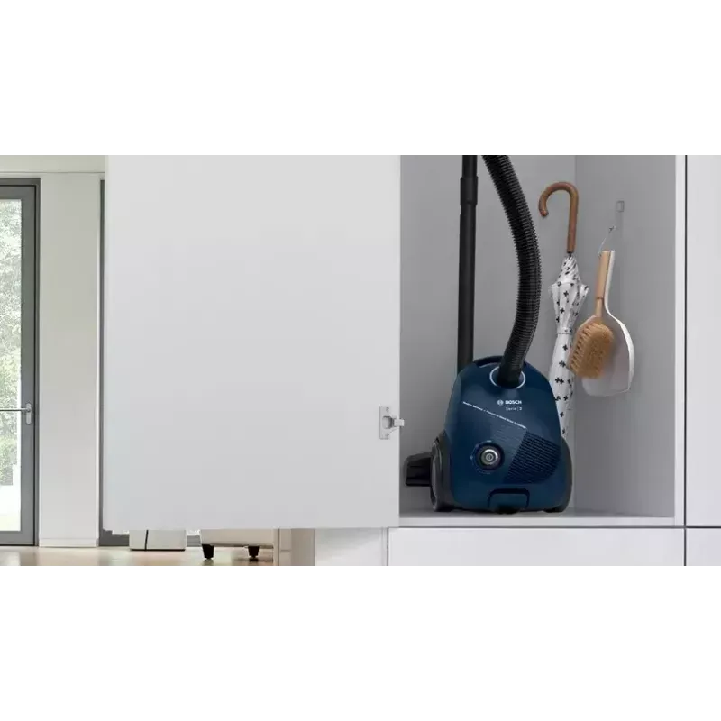 Cilindrinis dulkių siurblys Bosch Serie 2 BGBS2BU1T — 850 W, 3,5 l dulkių maišelis, 8 m veikimo spindulys, mėlynas