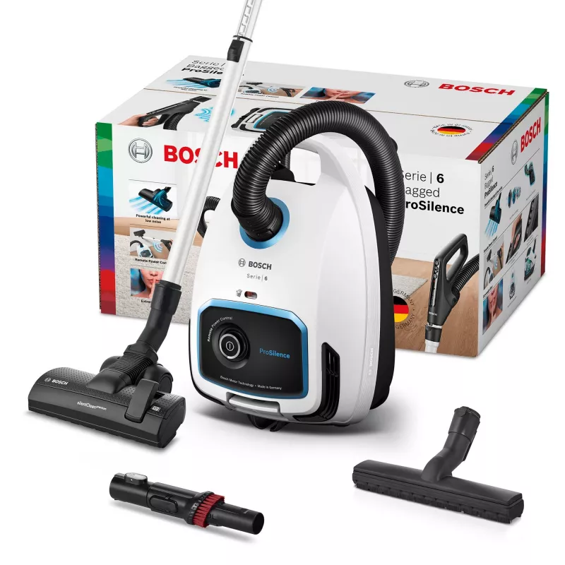 Cilindrinis dulkių siurblys Bosch Serie 6 BGB6SIL1 — 700 W, 4 L dulkių maišelis, HEPA 13, 12 m veikimo spindulys, baltas