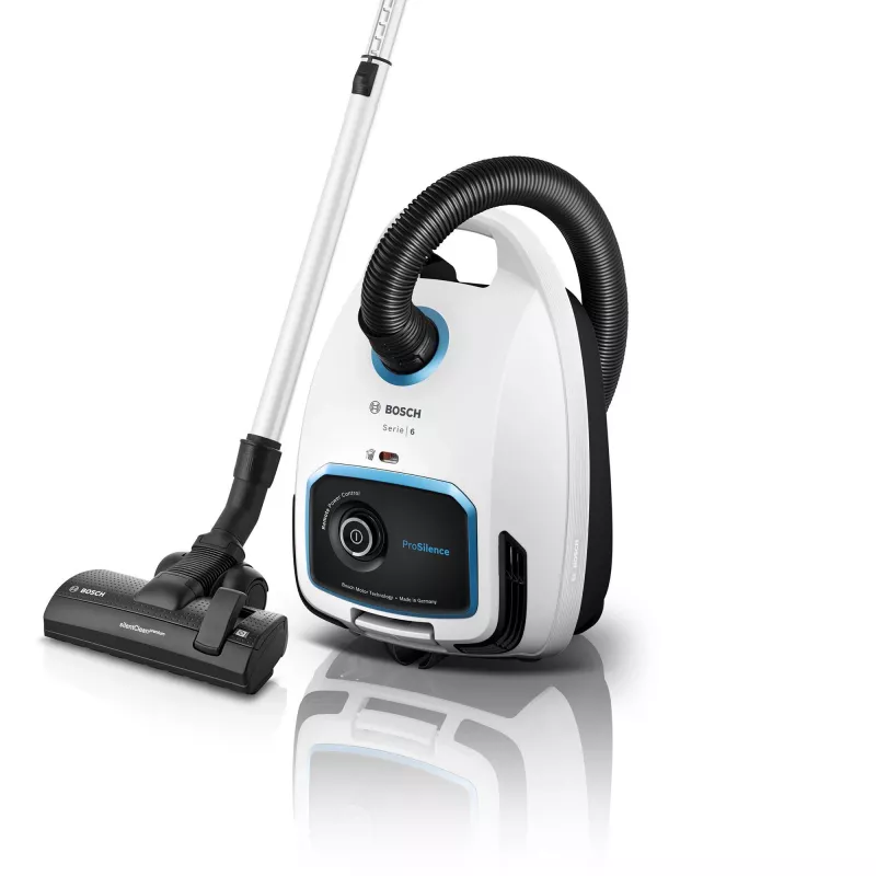 Cilindrinis dulkių siurblys Bosch Serie 6 BGB6SIL1 — 700 W, 4 L dulkių maišelis, HEPA 13, 12 m veikimo spindulys, baltas