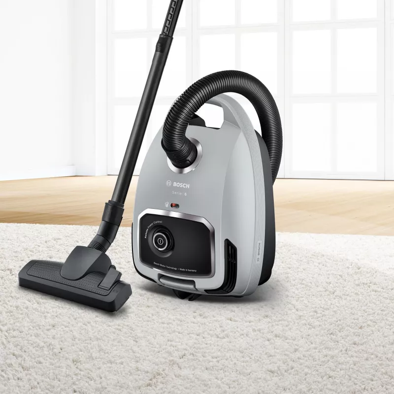 Cilindrinis dulkių siurblys Bosch Serie 6 BGB6X330 — 600 W, HEPA 13, 4 L dulkių maišelis, kietoms grindims ir kilimams, 6 kg, pilka/juoda