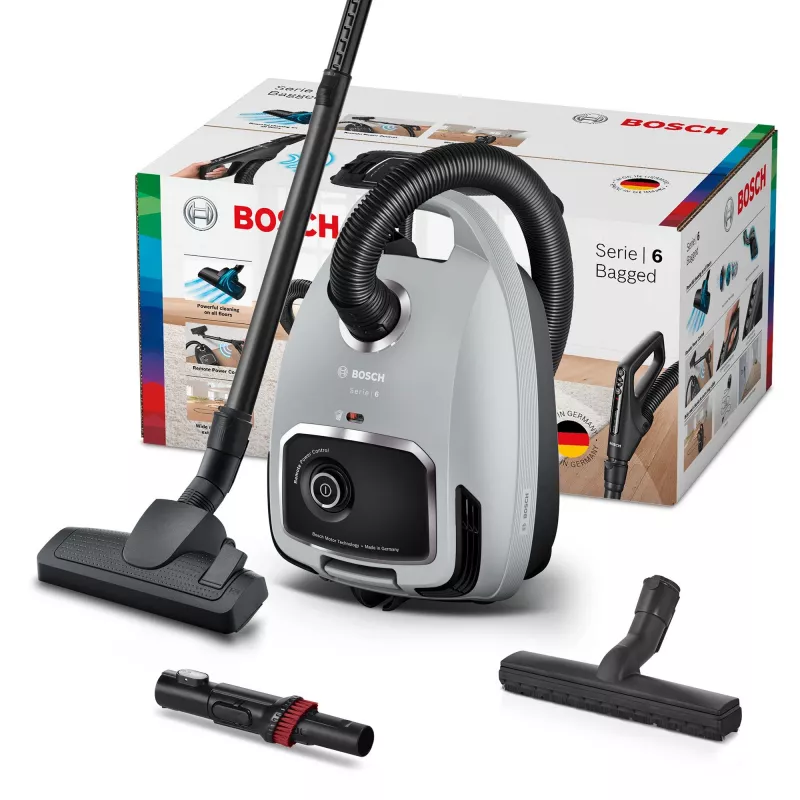 Cilindrinis dulkių siurblys Bosch Serie 6 BGB6X330 — 600 W, HEPA 13, 4 L dulkių maišelis, kietoms grindims ir kilimams, 6 kg, pilka/juoda