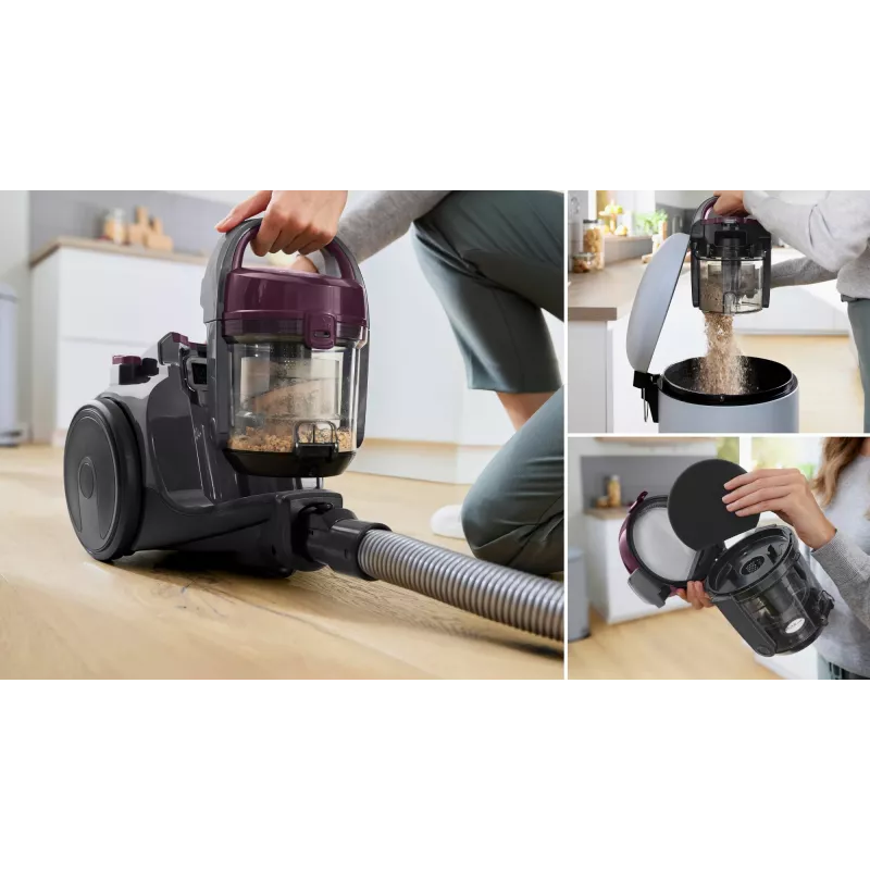 Cilindrinis dulkių siurblys Bosch BGC05AAA1 — 700 W, 1,5 l be maišelio, HEPA 12, teleskopinis nerūdijančio plieno vamzdis, 9 m spindulys, pilkas