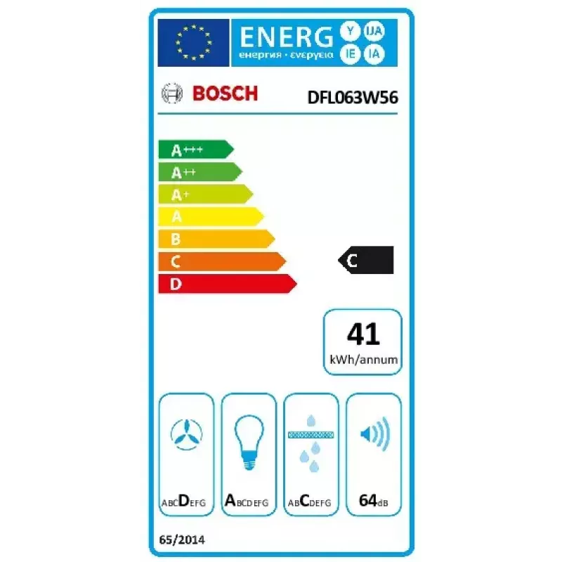 Pusiau įmontuojamas gartraukis Bosch DFL063W56 — ištraukiamas, 598×290×203 mm, 328 m³/h, aliuminio filtras, recirkuliacinis