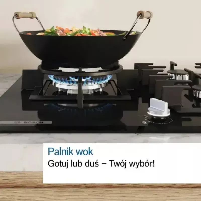 Įmontuojama dujinė kaitlentė Bosch PCH6A5I90 — 60 cm, nerūdijantis plienas, 4 dujinės zonos + 1 wok degiklis, Flame Select, ketaus grotelės